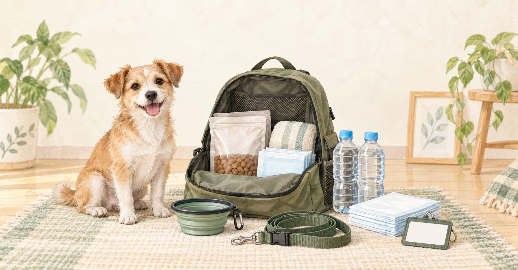 犬のそばに防災用の袋、フード、水、食器、リード、シーツを並べたイラスト