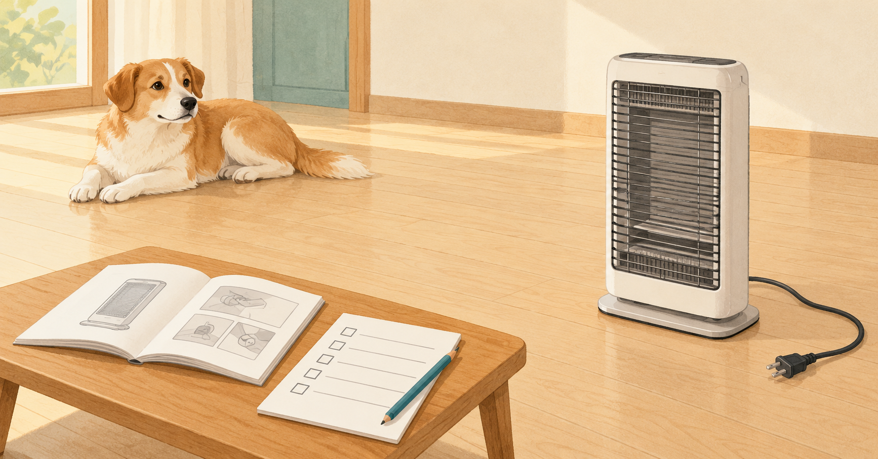 電源を入れていない電気ストーブと抜いたプラグ、説明書を置いた机、離れた場所で休む犬のイラスト