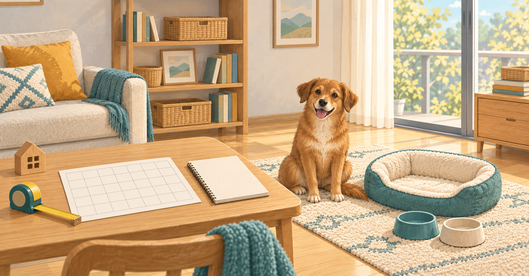 犬を迎える前の準備をイメージした、予定表とノート、住まいの模型、犬と寝床のイラスト