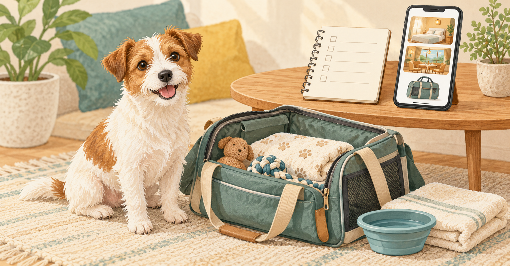 犬のそばに旅行バッグとタオル、宿の部屋や食事場所を見比べる画面とメモを置いたイラスト